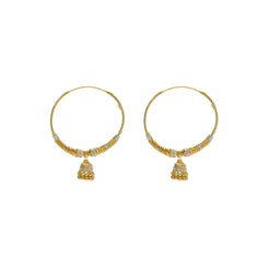 22K Multi Tone Gold Hoop Earrings W/ Shambala Beads, Gold Caps & Jhumki Drops