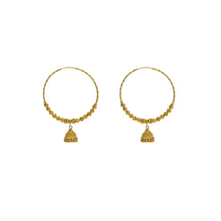 22K Yellow Gold Hoop Earrings W/ Jhumki Drops & Cubed Shambala Beads