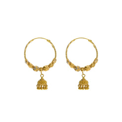 22K Multi Tone Gold Hoop Earrings W/ Cubed Gold Beads & Jhumki Drops