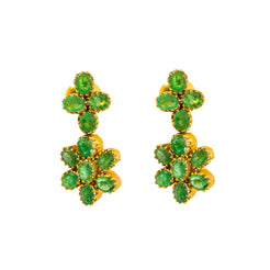 22K Yellow Gold Earrings W/ Prong Set Emeralds & Double Flower Pendants