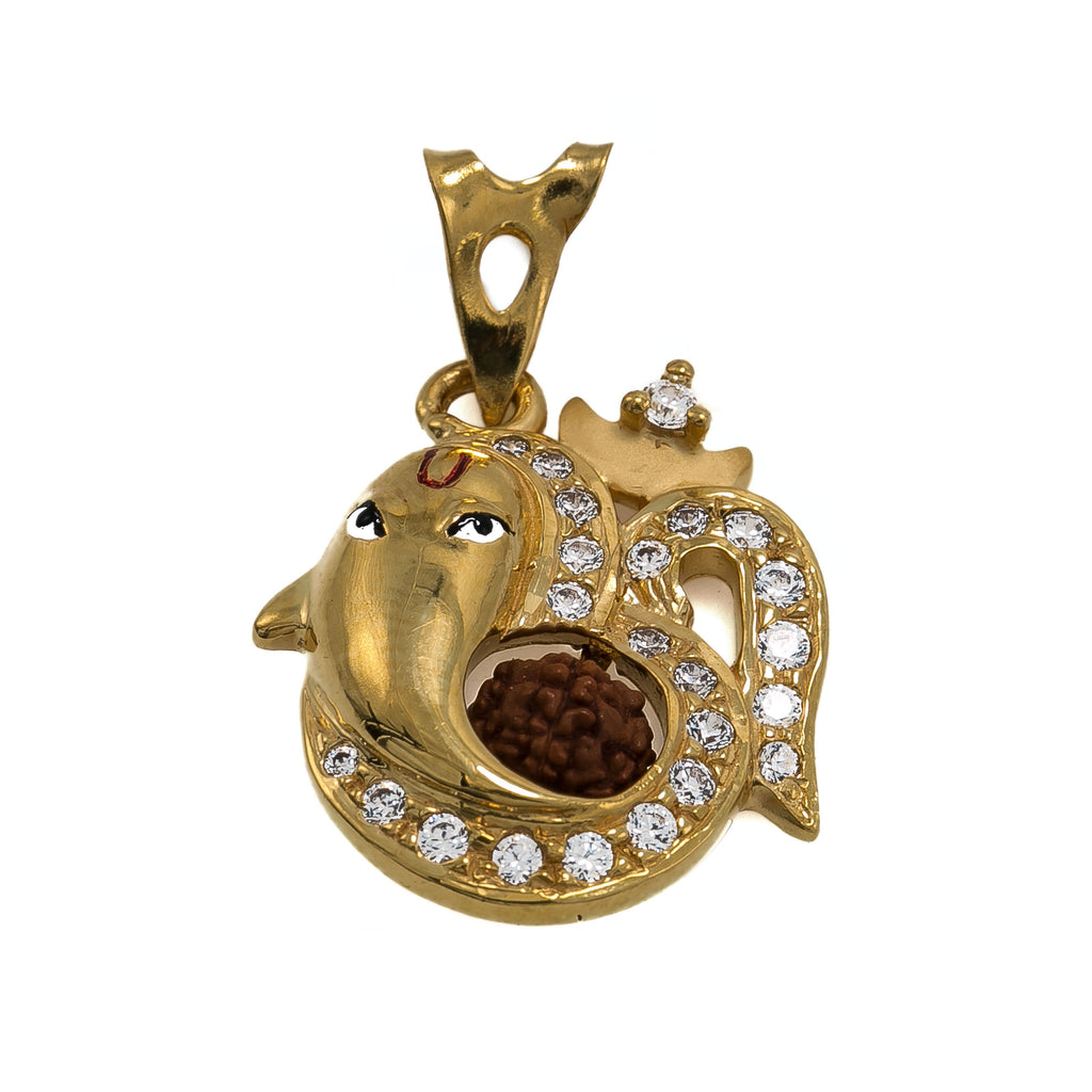 22K Yellow Gold Ganesh Pendant W/ Rudraksha & CZ Gems |  22K Yellow Gold Ganesh Pendant W/ Rudraksha & CZ Gems for women. This unique pendant feature...