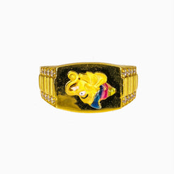 22K Yellow Gold Ganesh Ring for Men W/ CZ Gems & Artistic Colorful Enamel Design