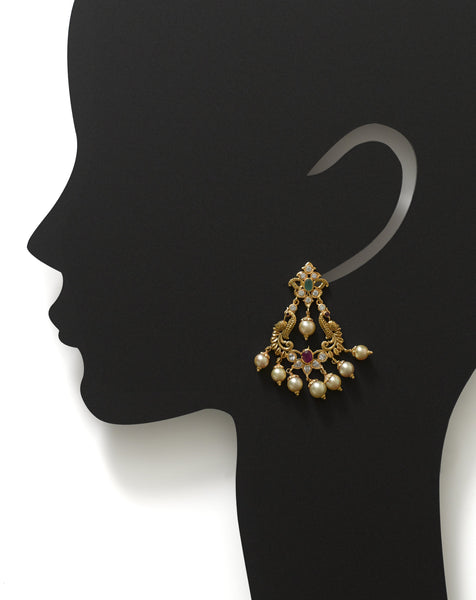 22K Yellow Gold Guttapusalu Necklace & Earrings Set W/ Pearls, Rubies, Emeralds, CZ Polki & Lord Ganesh Accents | Find the beauty in blending tradition and luxury with this most exquisite 22K yellow gold Guttapu...