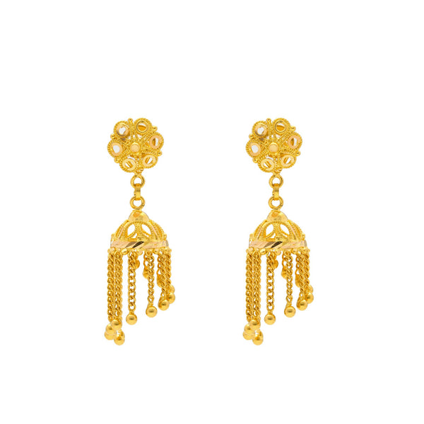 An image of a pair of Jhumki style 22K gold earrings from Virani Jewelers with a flower design and spiral filigree. | Dress up any outfit with these gorgeous 22K gold earrings from Virani Jewelers!

Featuring a trad...