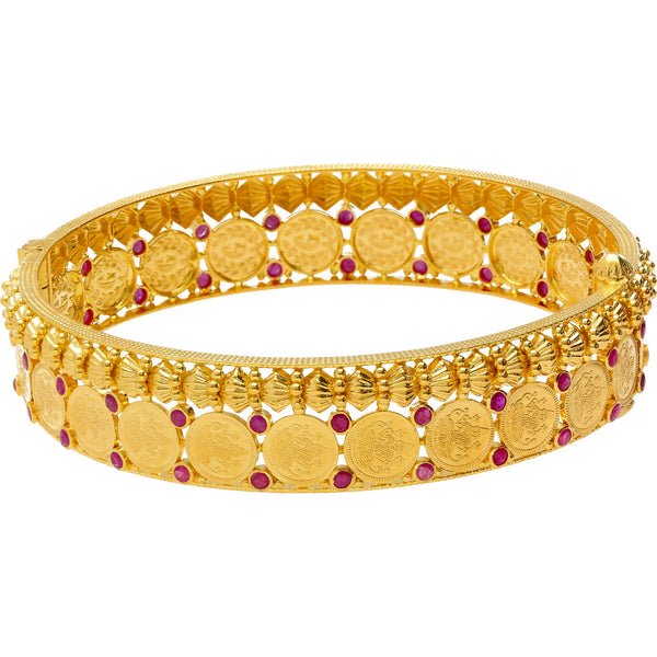 22K Gold & Ruby Temple Kasu Bangles | Look and feel like a royalty in our 22K Gold & Ruby Temple Medallion Bangles. These luxurious...