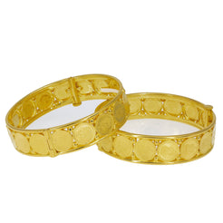 22K Yellow Gold Laxmi Kasu Bangles Set of 2 W/ Smooth Bar Trim