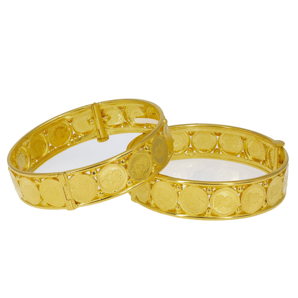 22K Yellow Gold Laxmi Kasu Bangles Set of 2 W/ Smooth Bar Trim | Create a radiant modern stacked look with this 22K yellow gold Laxmi Kasu bangle set from Virani ...