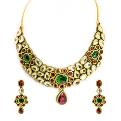 22K Yellow Gold Kundan Necklace & Earrings Set W/ Large Teardrop Pendant & Choker Necklace