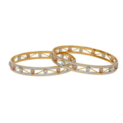 22K Multi Tone Gold Laser Bangles Set of 2 W/ Open Band & Patterned Accent Gold Balls