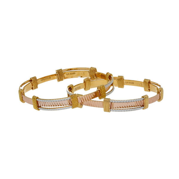 22K Multi Tone Gold Laser Bangles Set of 2 W/ Faceted Belted Design | 



Elevate your look with unique details unlike the norm, such as the faceted layers of this exq...