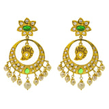 An image of the emerald, pearl, and CZ embellishments on the Anjali 22K gold earrings from Virani Jewelers. | Show off your culture in a fun and festive way with this gorgeous 22K gold necklace set from Vira...
