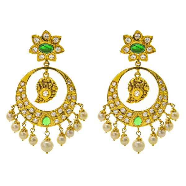 An image of the emerald, pearl, and CZ embellishments on the Anjali 22K gold earrings from Virani Jewelers. | Show off your culture in a fun and festive way with this gorgeous 22K gold necklace set from Vira...