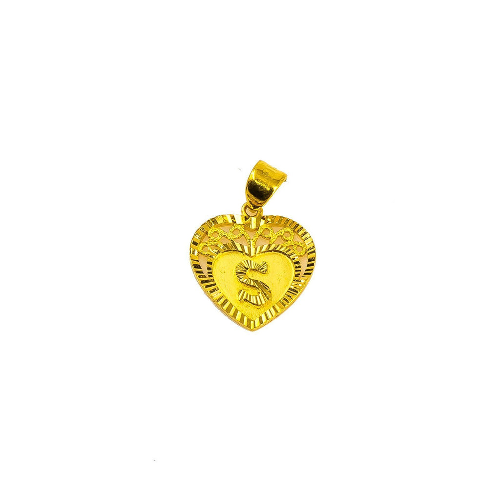 22K Yellow Gold Letter "S" Pendant W/ Etched Double Heart Frame |  22K Yellow Gold Letter 