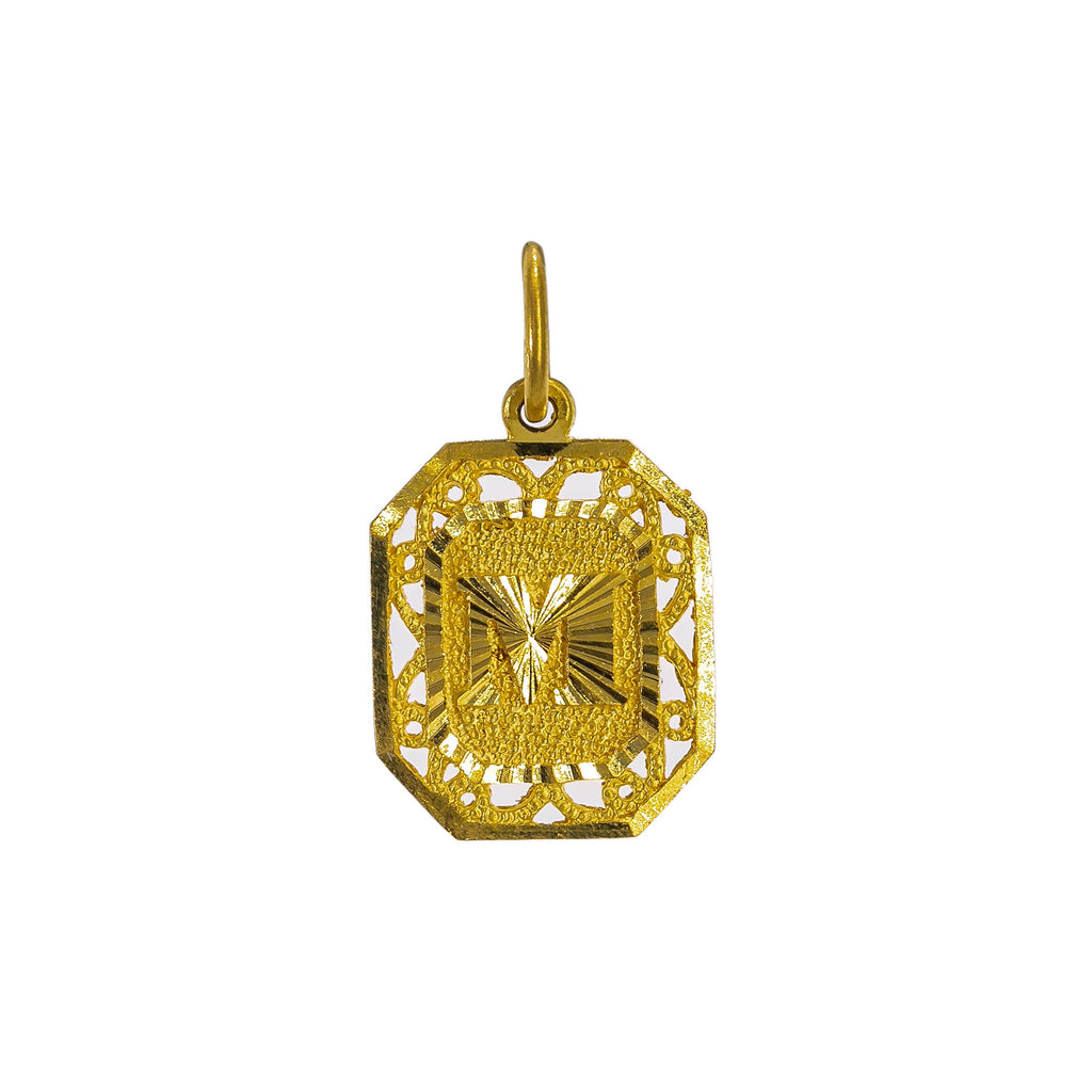 22K Yellow Gold Square Pendant W/ Hammered Letter "M" | Transform your simple gold chain with personal and meaningful touches of gold such as this 22K ye...