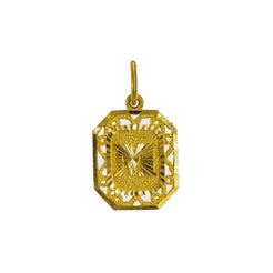 22K Yellow Gold Square Pendant W/ Hammered Letter "M"