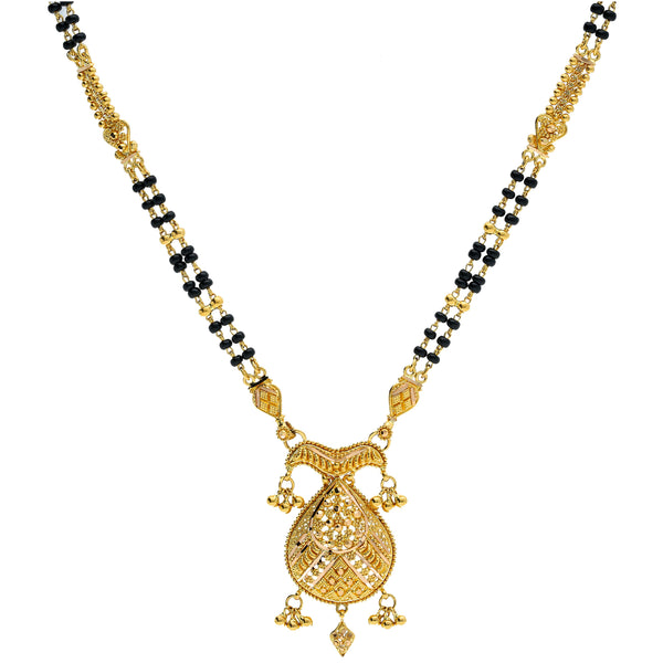 An image of a double-stranded gold Indian necklace with a large pendant from Virani Jewelers | Add brilliant golden jewelry to your attire with this 22K yellow gold necklace from Virani Jewele...