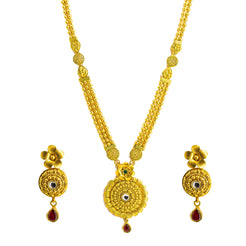 22K Yellow Gold Necklace & Earrings Set W/ Kundan & Matte Finish Round Pendants