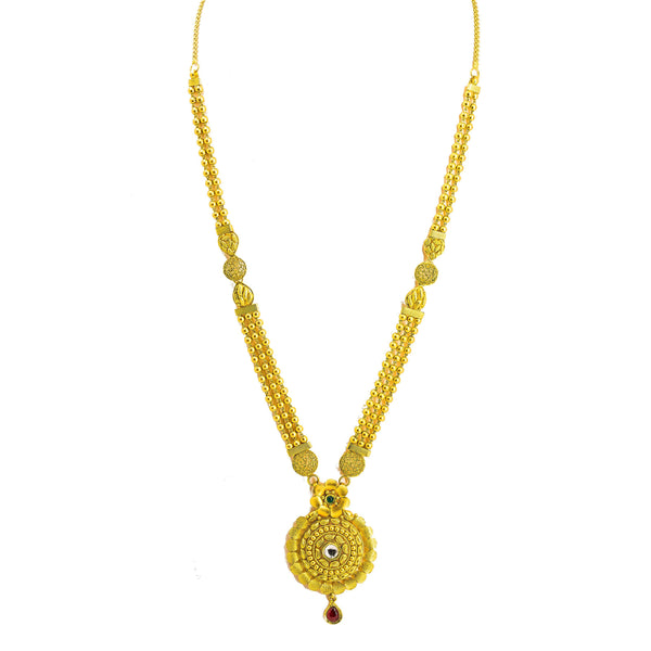 22K Yellow Gold Necklace & Earrings Set W/ Kundan & Matte Finish Round Pendants |  22K Yellow Gold Necklace & Earrings Set W/ Kundan & Matte Finish Round Pendants for wome...