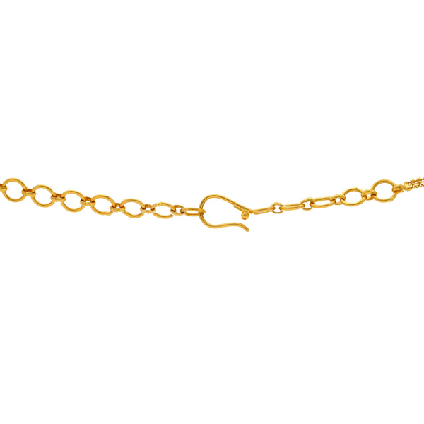 An image of the hook-in-eye clasp on the 22K gold necklace with Jhumki drop accents from Virani Jewelers. | Add bold and bright designs to your wardrobe with this gorgeous 22K gold necklace set from Virani...