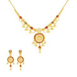 22K Yellow Gold Meenakari Necklace and Earrings Set
