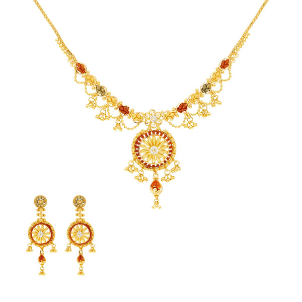 22K Yellow Gold Meenakari Necklace and Earrings Set | Treat yourself to luxury with this beautiful 22K gold necklace set from Virani Jewelers!

Designe...