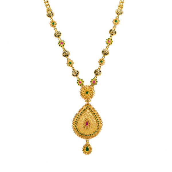 22K Yellow Gold Necklace And Earrings Set W/ Rubies, Emeralds, CZ Gems & Faceted Pear Pendants |  22K Yellow Gold Necklace And Earrings Set W/ Rubies, Emeralds, CZ Gems & Faceted Pear Pendan...