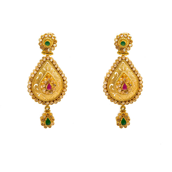 22K Yellow Gold Necklace And Earrings Set W/ Rubies, Emeralds, CZ Gems & Faceted Pear Pendants |  22K Yellow Gold Necklace And Earrings Set W/ Rubies, Emeralds, CZ Gems & Faceted Pear Pendan...