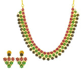 22K Yellow Gold Necklace & Earrings Set W/ Emeralds, Rubies, Black Sapphires & Floral Display |  22K Yellow Gold Necklace & Earrings Set W/ Emeralds, Rubies, Black Sapphires & Floral Di...