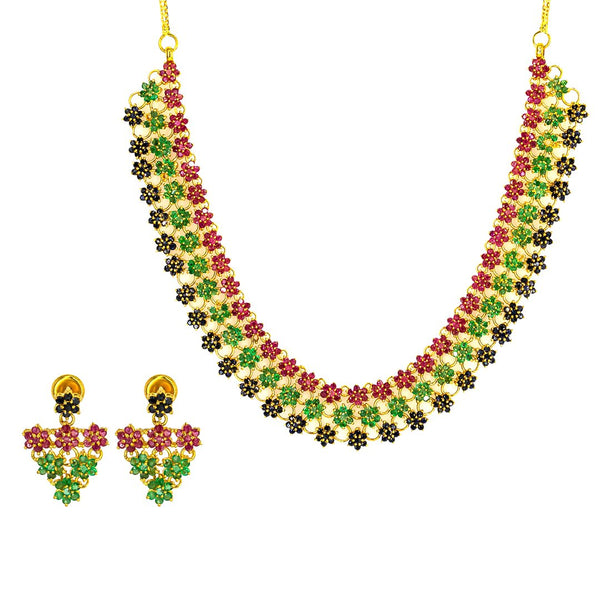 22K Yellow Gold Necklace & Earrings Set W/ Emeralds, Rubies, Black Sapphires & Floral Display |  22K Yellow Gold Necklace & Earrings Set W/ Emeralds, Rubies, Black Sapphires & Floral Di...