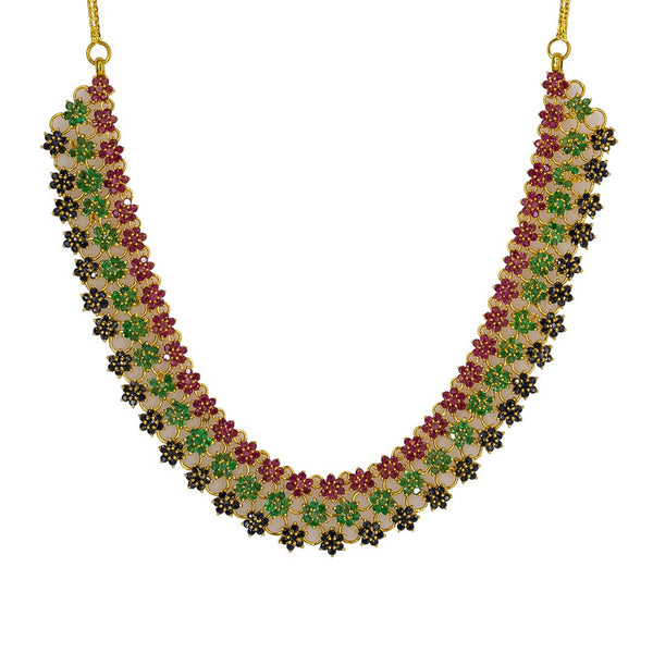 22K Yellow Gold Necklace & Earrings Set W/ Emeralds, Rubies, Black Sapphires & Floral Display |  22K Yellow Gold Necklace & Earrings Set W/ Emeralds, Rubies, Black Sapphires & Floral Di...