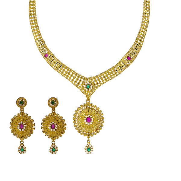 22K Yellow Gold Necklace Set W/ Emeralds, Rubies, CZ Gems & Large Flower Pendants | Enter into every room with statement pieces that speak before you do, such as this exquisite 22K ...