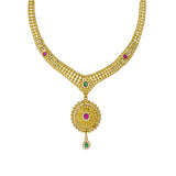 22K Yellow Gold Necklace Set W/ Emeralds, Rubies, CZ Gems & Large Flower Pendants | Enter into every room with statement pieces that speak before you do, such as this exquisite 22K ...