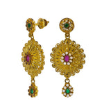 22K Yellow Gold Necklace Set W/ Emeralds, Rubies, CZ Gems & Large Flower Pendants | Enter into every room with statement pieces that speak before you do, such as this exquisite 22K ...