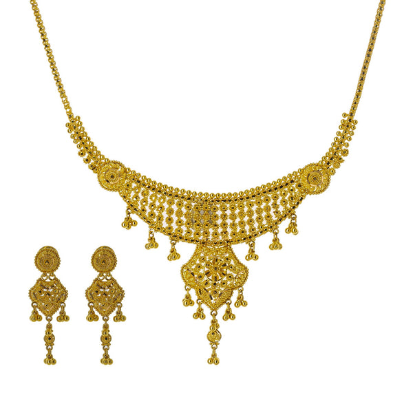 22K Yellow Gold Necklace Set W/ Gold Balls & Abstract Drop Pendants | Enter into every room with statement pieces that speak before you do, such as this exquisite 22K ...