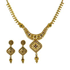 22K Yellow Gold Meenakari Necklace Set W/ Beaded Filigree & Rhombus Pendants