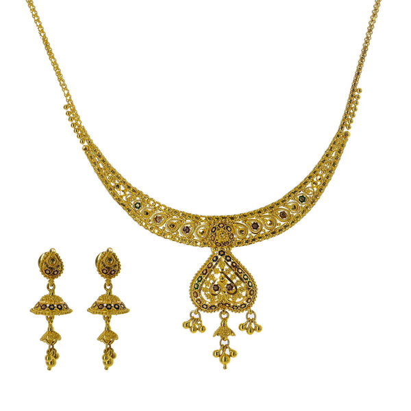 22K Yellow Gold Meenakari Necklace Set W/ Beaded Filigree & Jhumki Earrings | Enter into every room with statement pieces that speak before you do, such as this exquisite 22K ...