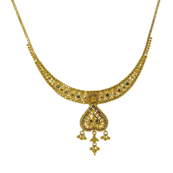 22K Yellow Gold Meenakari Necklace Set W/ Beaded Filigree & Jhumki Earrings | Enter into every room with statement pieces that speak before you do, such as this exquisite 22K ...