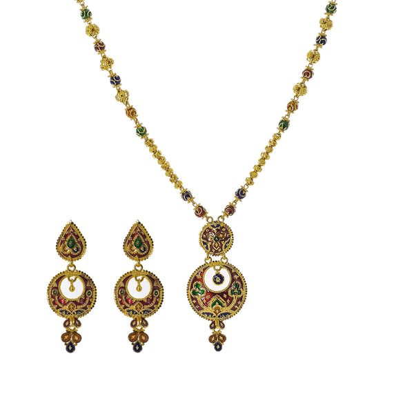 22K Yellow Gold Meenakari Necklace Set W/ Ball Chain & Chandbali Pendants | Enter into every room with statement pieces that speak before you do, such as this exquisite 22K ...