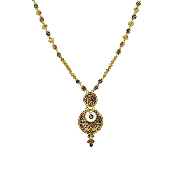 22K Yellow Gold Meenakari Necklace Set W/ Ball Chain & Chandbali Pendants | Enter into every room with statement pieces that speak before you do, such as this exquisite 22K ...