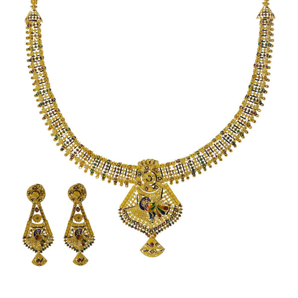 22K Yellow Gold Meenakari Necklace Set W/ Abstract Peacock Pendants | Enter into every room with statement pieces that speak before you do, such as this exquisite 22K ...