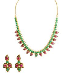 22K Yellow Gold Necklace & Earrings Set W/ Rubies, Emeralds & Mango Details in Antique Finish