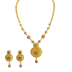 22K Yellow Gold Necklace & Earrings Set W/ Rubies, Emeralds & CZ on Ornate Charm Necklace