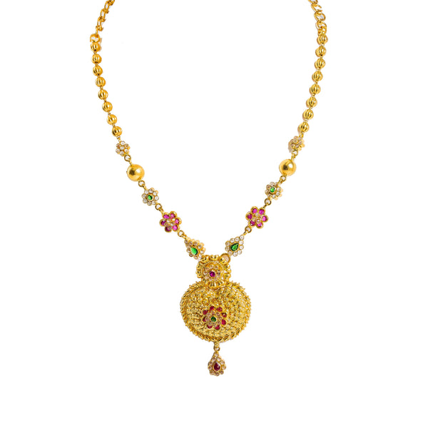 22K Yellow Gold Necklace & Earrings Set W/ Rubies, Emeralds & CZ on Ornate Charm Necklace |  22K Yellow Gold Necklace & Earrings Set W/ Rubies, Emeralds & CZ on Ornate Charm Necklac...