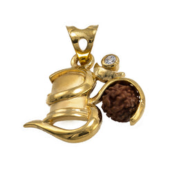 22K Yellow Gold Om Pendant W/ CZ Gems on Shiva Lingam & Rudraksha