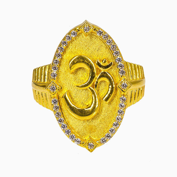 22K Yellow Gold Om Ring for Men W/ CZ Gems & Flat Shield Frame |  22K Yellow Gold Om Ring for Men W/ CZ Gems & Flat Shield Frame. This unique 22K yellow gold ...
