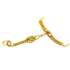 22K Yellow Gold Panja Finger Bracelet W/ Kundan & Hollow Round Pendant on Flower Accented Chain