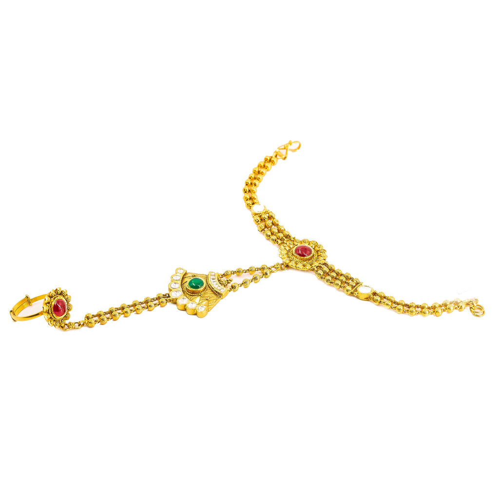22K Yellow Gold Panja Finger Bracelet W/ Kundan & Multi-Strand Bead Chain | 22K Yellow Gold Panja Finger Bracelet W/ Kundan & Multi-Strand Bead Chain for women. This daz...