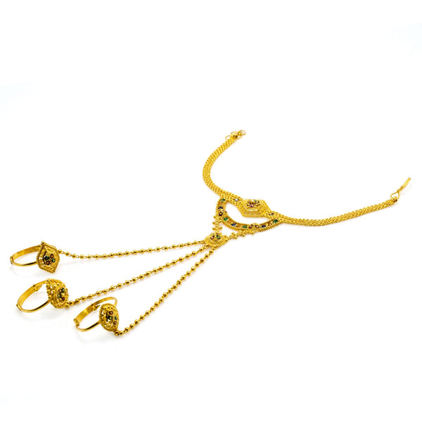 22K Multi Tone Gold Panja Finger Bracelet W/ Meenakari Designs, Beaded Chains & Triple Rings |  22K Multi Tone Gold Panja Finger Bracelet W/ Meenakari Designs, Beaded Chain & Triple Rings ...