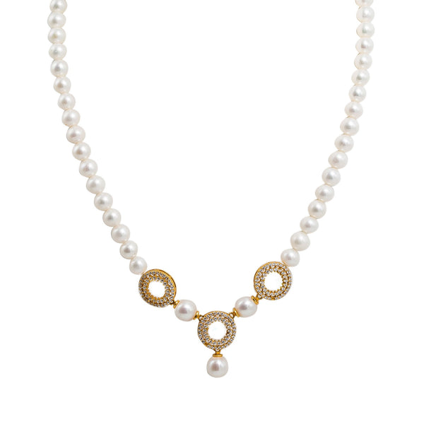 22K Yellow Gold Pearl Necklace & Earrings Set W/ Pearls, CZ Gems & Round Eyelet Accents |  22K Yellow Gold Pearl Necklace & Earrings Set W/ Pearls, CZ Gems & Round Eyelet Accents ...