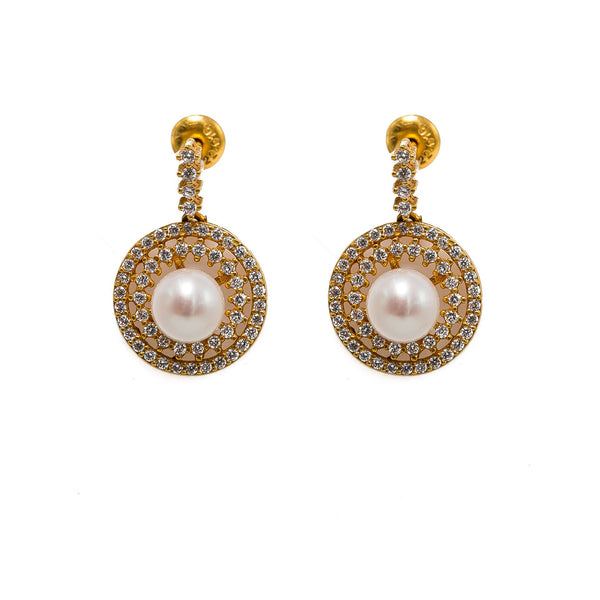 22K Yellow Gold Pearl Necklace & Earrings Set W/ Pearls, CZ Gems & Round Eyelet Accents |  22K Yellow Gold Pearl Necklace & Earrings Set W/ Pearls, CZ Gems & Round Eyelet Accents ...